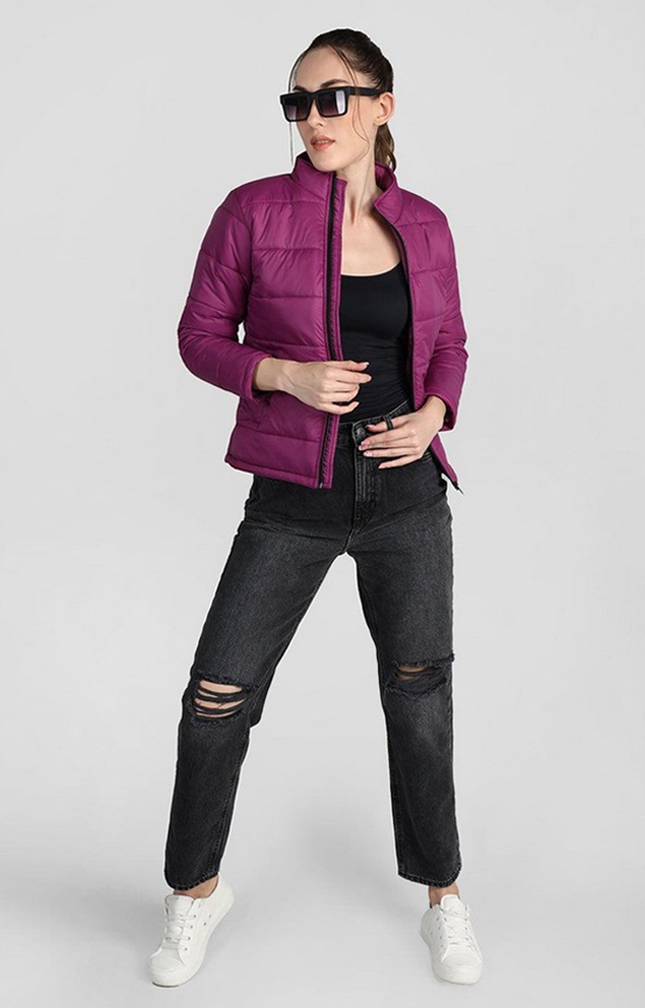 Women's Plum Red Solid Polyester Bomber Jackets