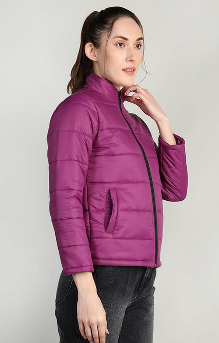 Women's Plum Red Solid Polyester Bomber Jackets