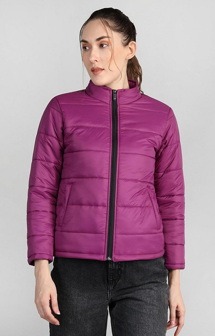 CHKOKKO | Women's Plum Red Solid Polyester Bomber Jackets