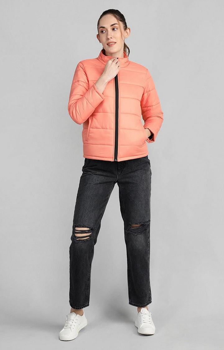 Women's Peach Solid Polyester Bomber Jackets