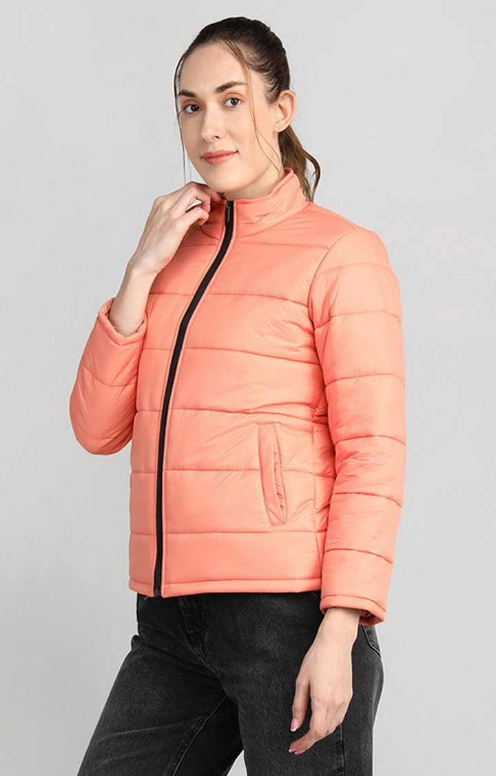 Women's Peach Solid Polyester Bomber Jackets
