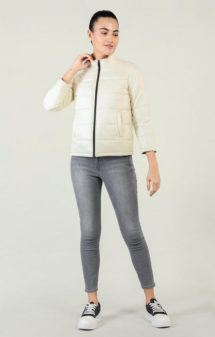 Women's Off White Solid Polyester Bomber Jackets