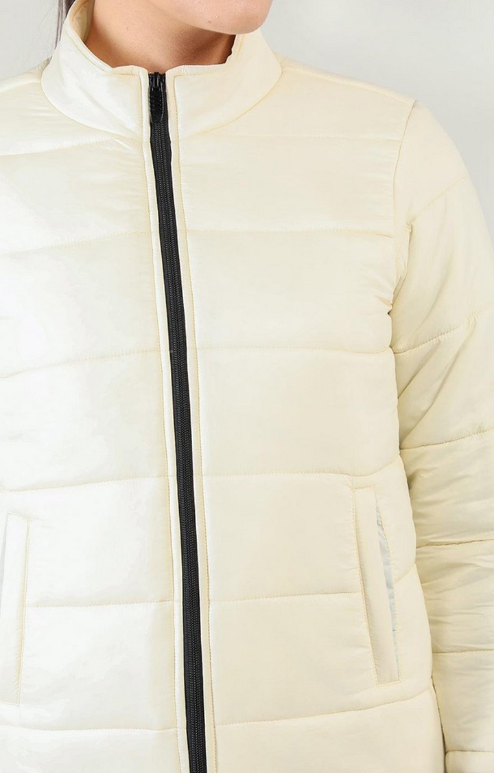 Women's Off White Solid Polyester Bomber Jackets