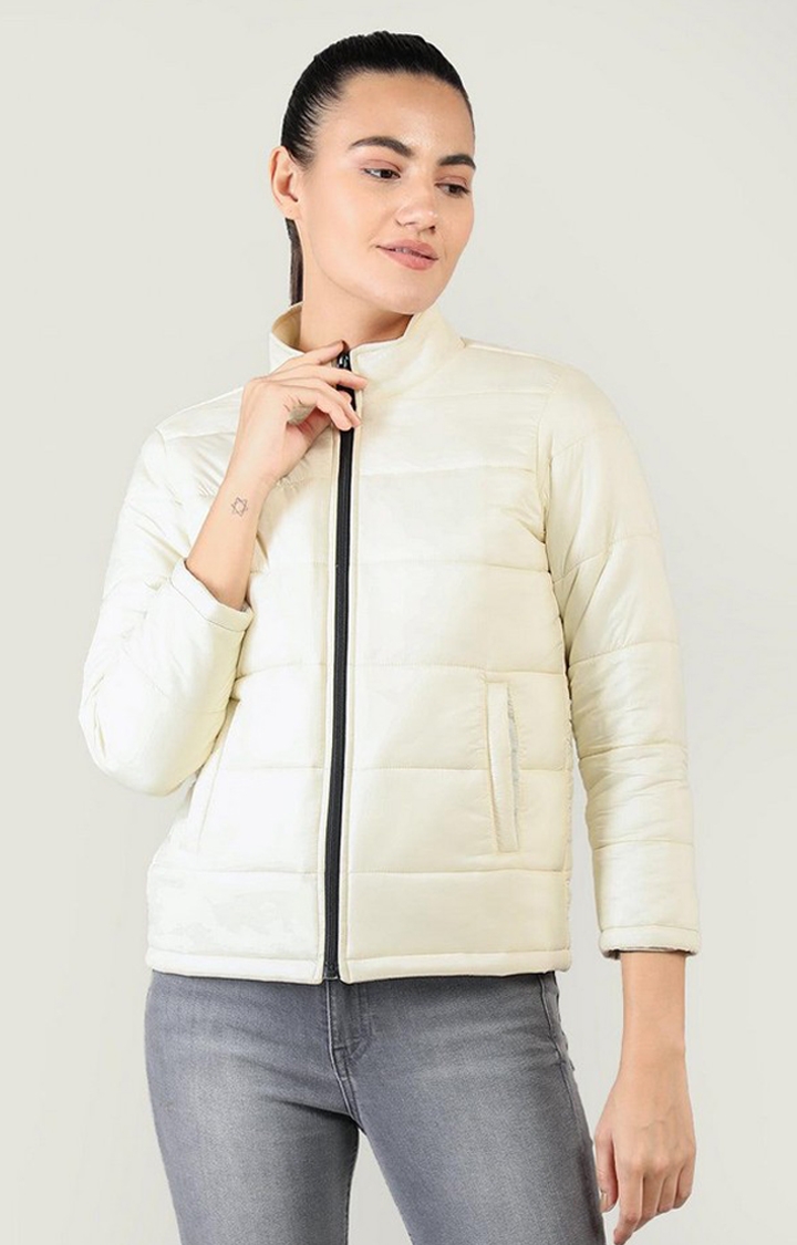 CHKOKKO | Women's Off White Solid Polyester Bomber Jackets