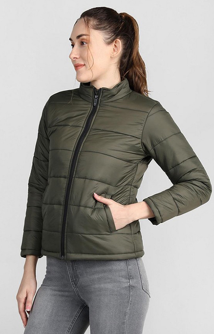 Women's Olive Green Solid Polyester Bomber Jackets