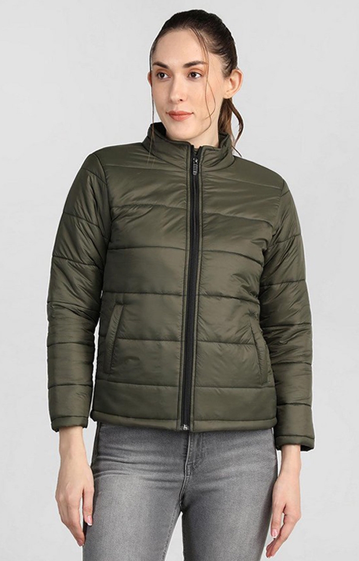 CHKOKKO | Women's Olive Green Solid Polyester Bomber Jackets
