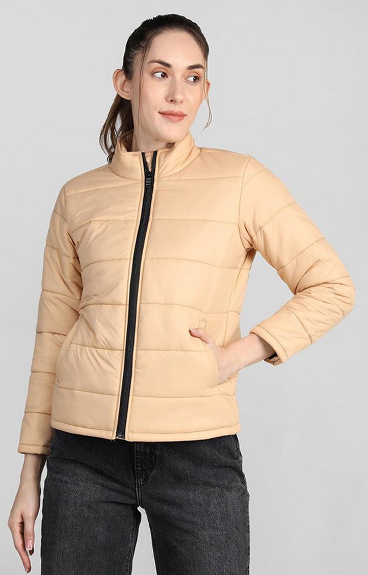 Women's Beige Solid Polyester Bomber Jackets
