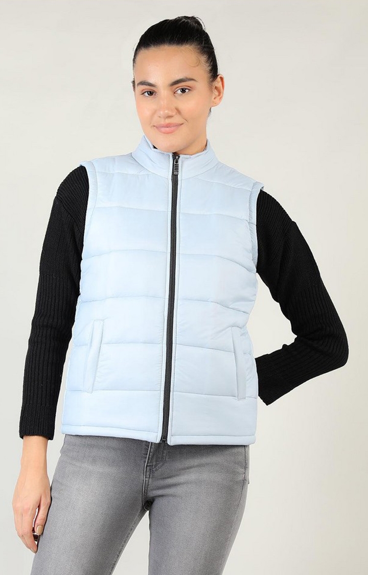 Women's Blue Solid Polyester Gilet