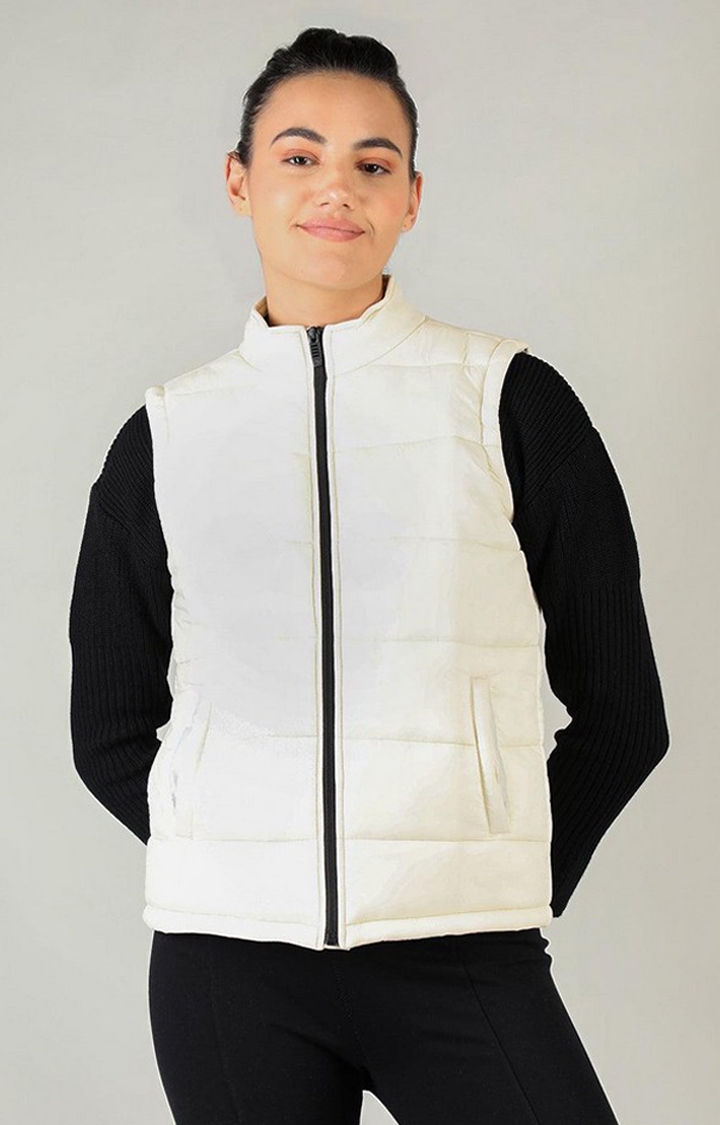 CHKOKKO | Women's White Solid Polyester Gilet