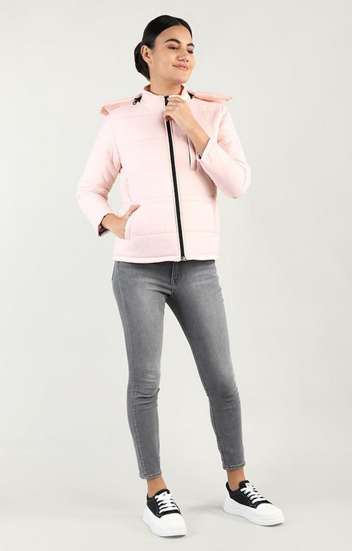 Women's Baby Pink Solid Polyester Bomber Jackets