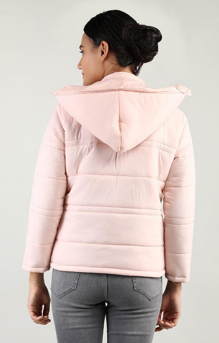 Women's Baby Pink Solid Polyester Bomber Jackets