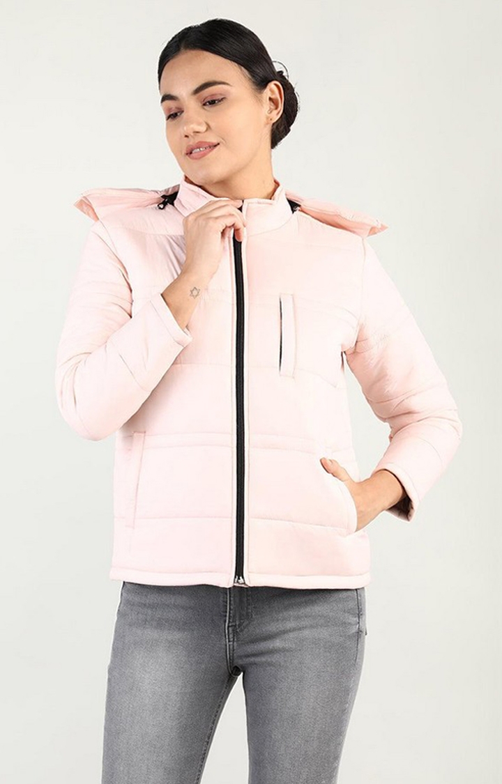 Women's Baby Pink Solid Polyester Bomber Jackets