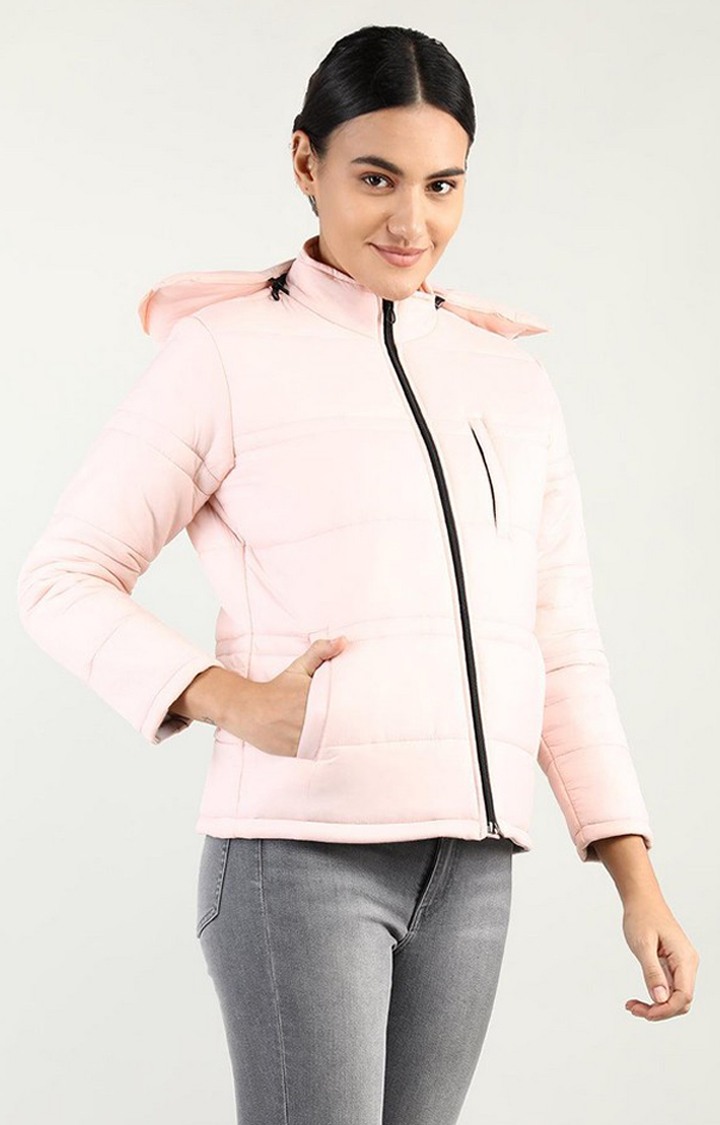 Women's Baby Pink Solid Polyester Bomber Jackets