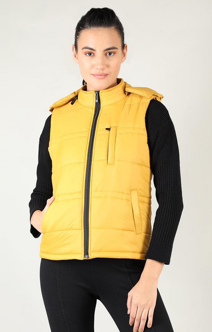 Women's Yellow Solid Polyester Gilet