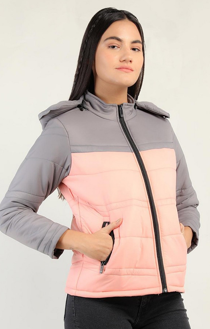 CHKOKKO | Women's Peach & Grey Colorblocked Polyester Bomber Jackets
