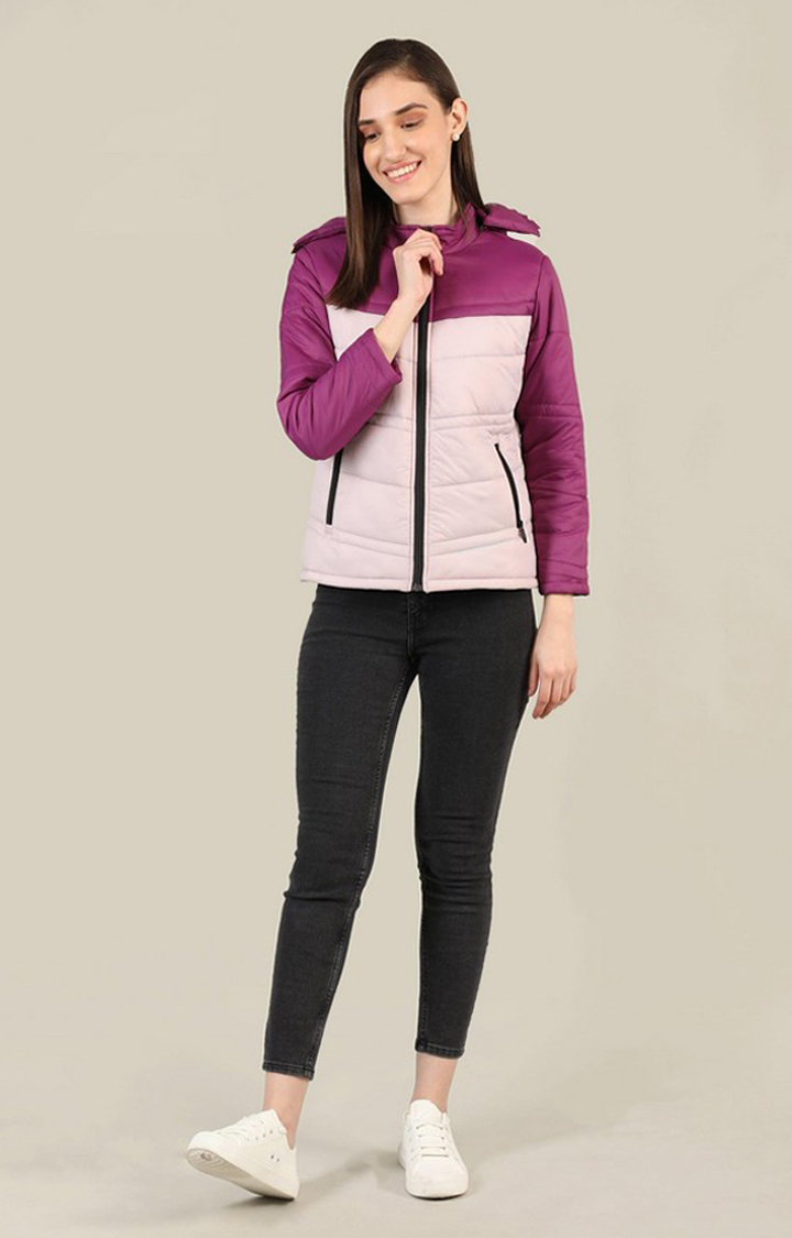 Women's Pink & Wine Colourblocked Polyester Bomber Jackets