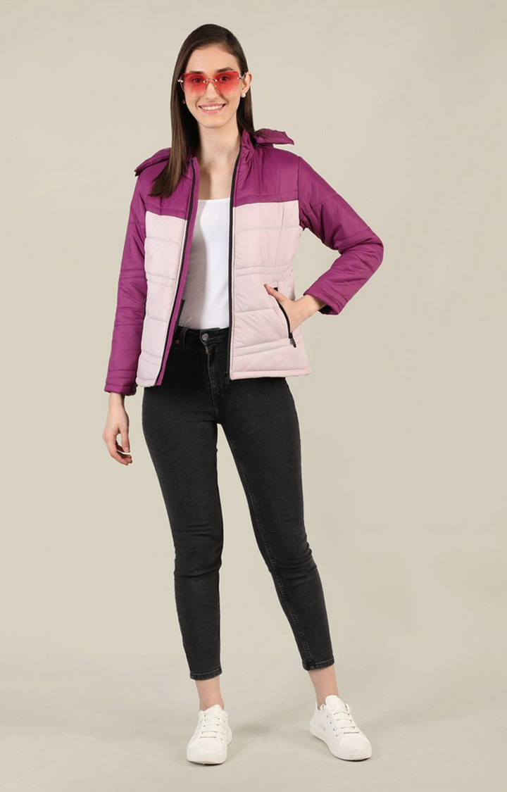 Women's Pink & Wine Colourblocked Polyester Bomber Jackets