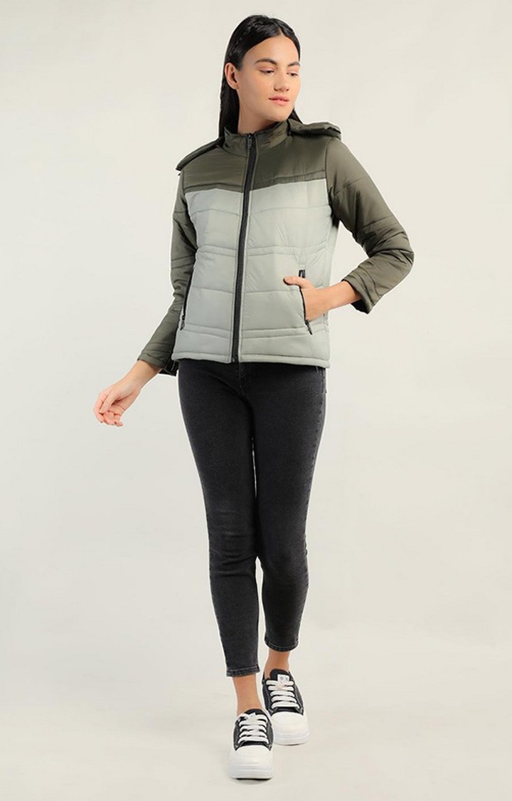 Women's Olive Green Colorblocked Polyester Bomber Jackets