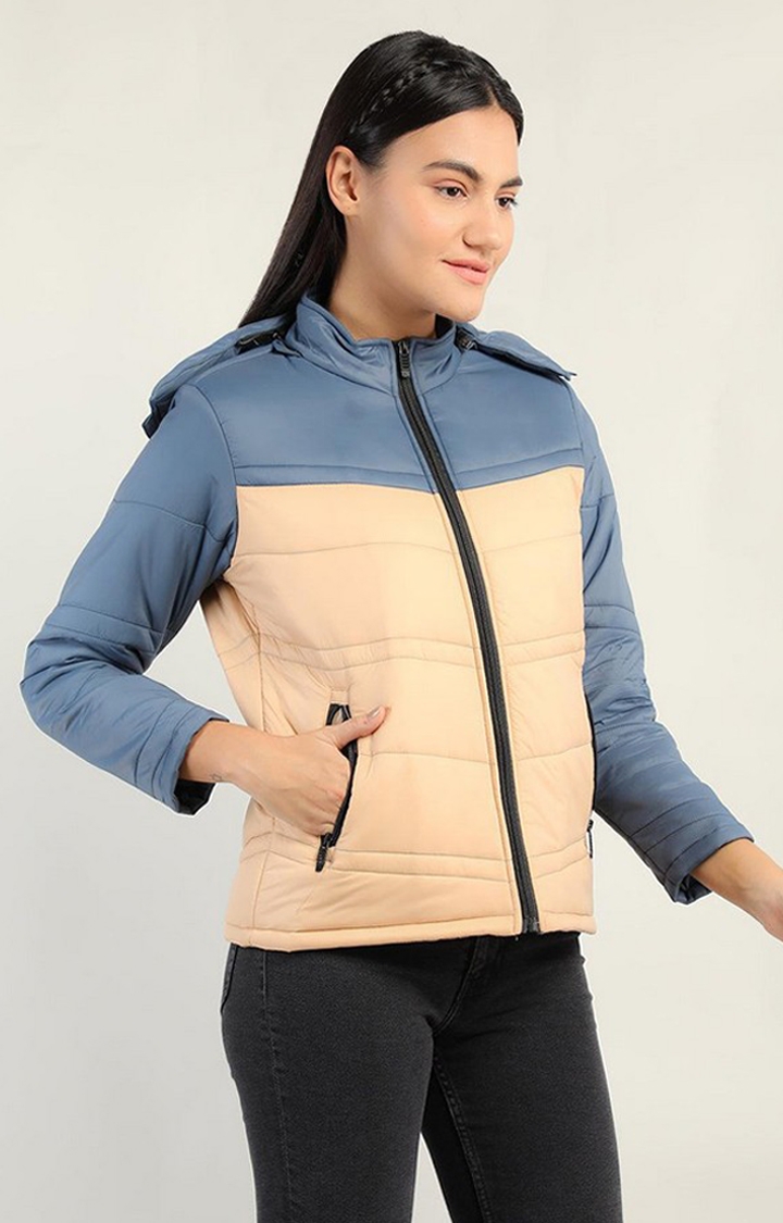 Women's Beige & Blue Colorblocked Polyester Bomber Jackets