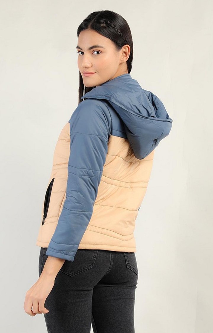 Women's Beige & Blue Colorblocked Polyester Bomber Jackets