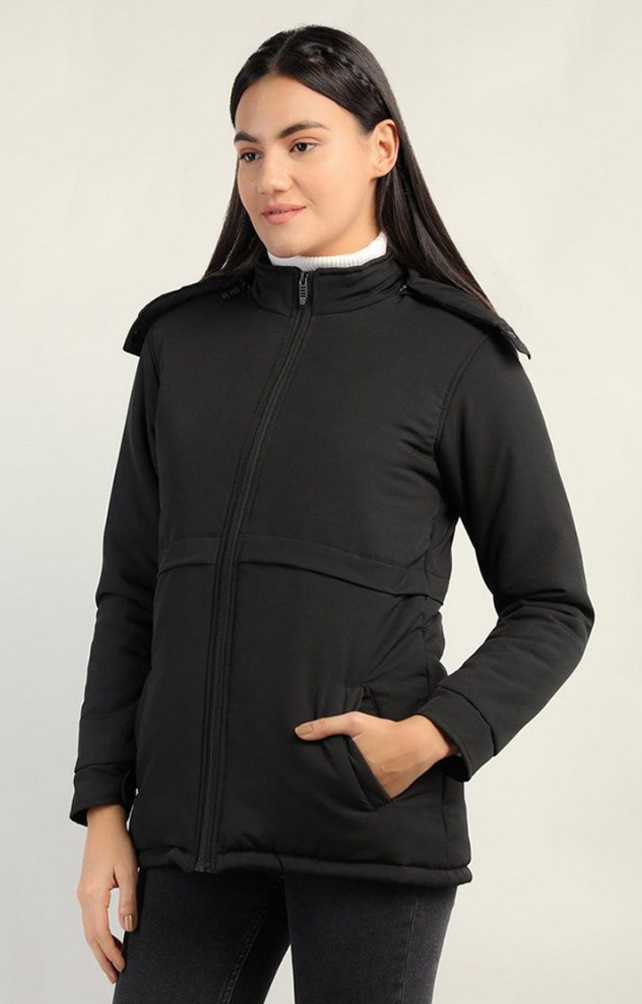 Women's Black Solid Polyester Bomber Jackets
