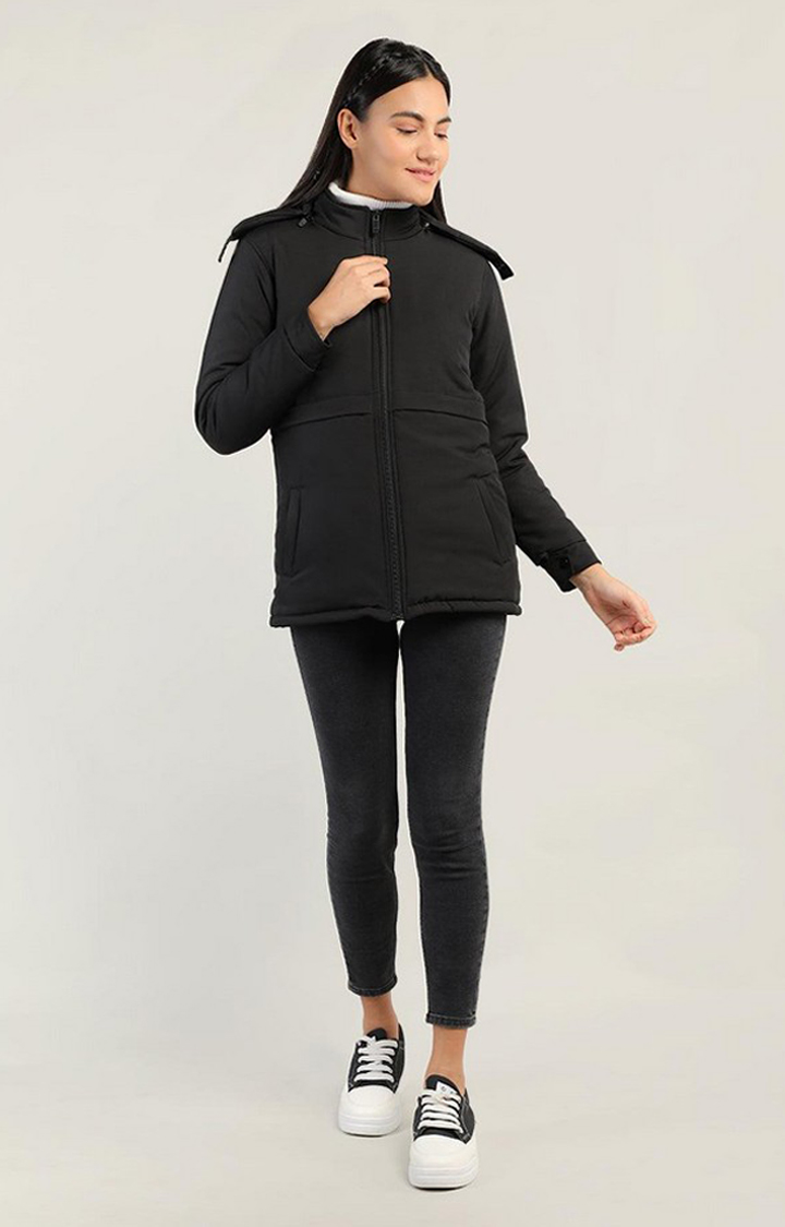 Women's Black Solid Polyester Bomber Jackets