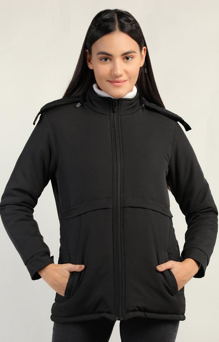Women's Black Solid Polyester Bomber Jackets
