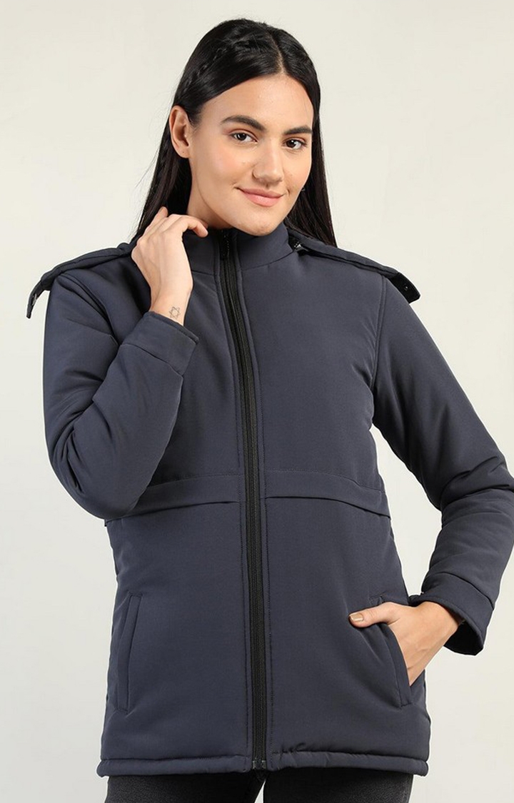 Women's Navy Blue Solid Polyester Bomber Jackets
