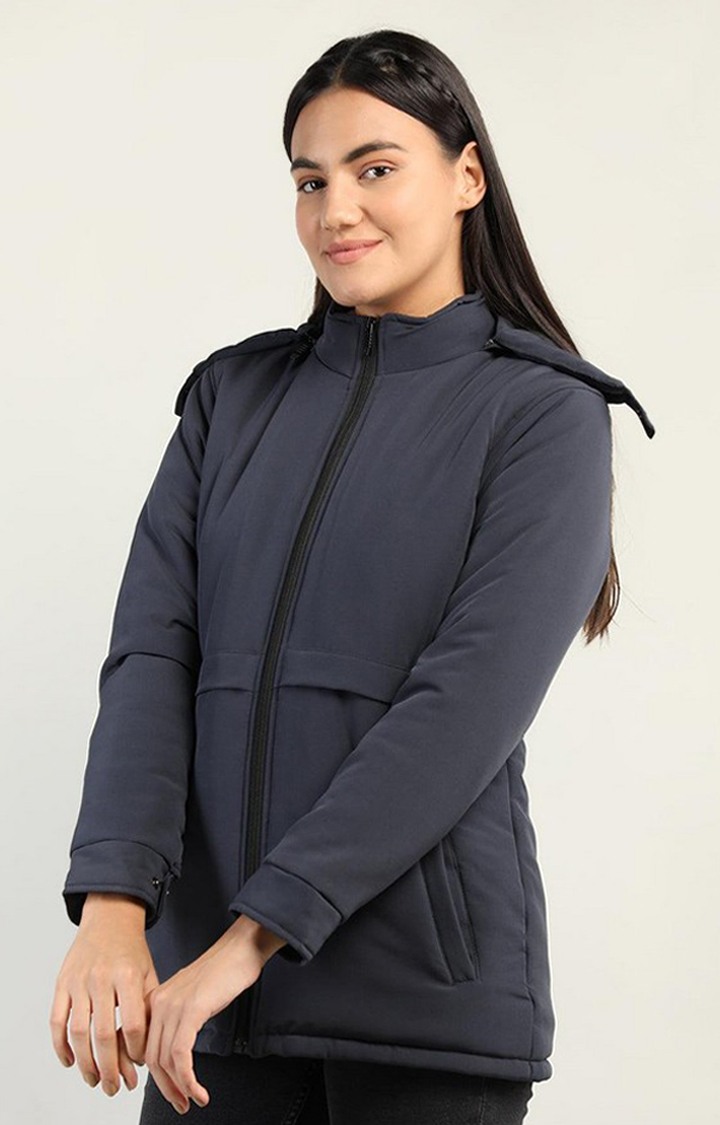 Women's Navy Blue Solid Polyester Bomber Jackets