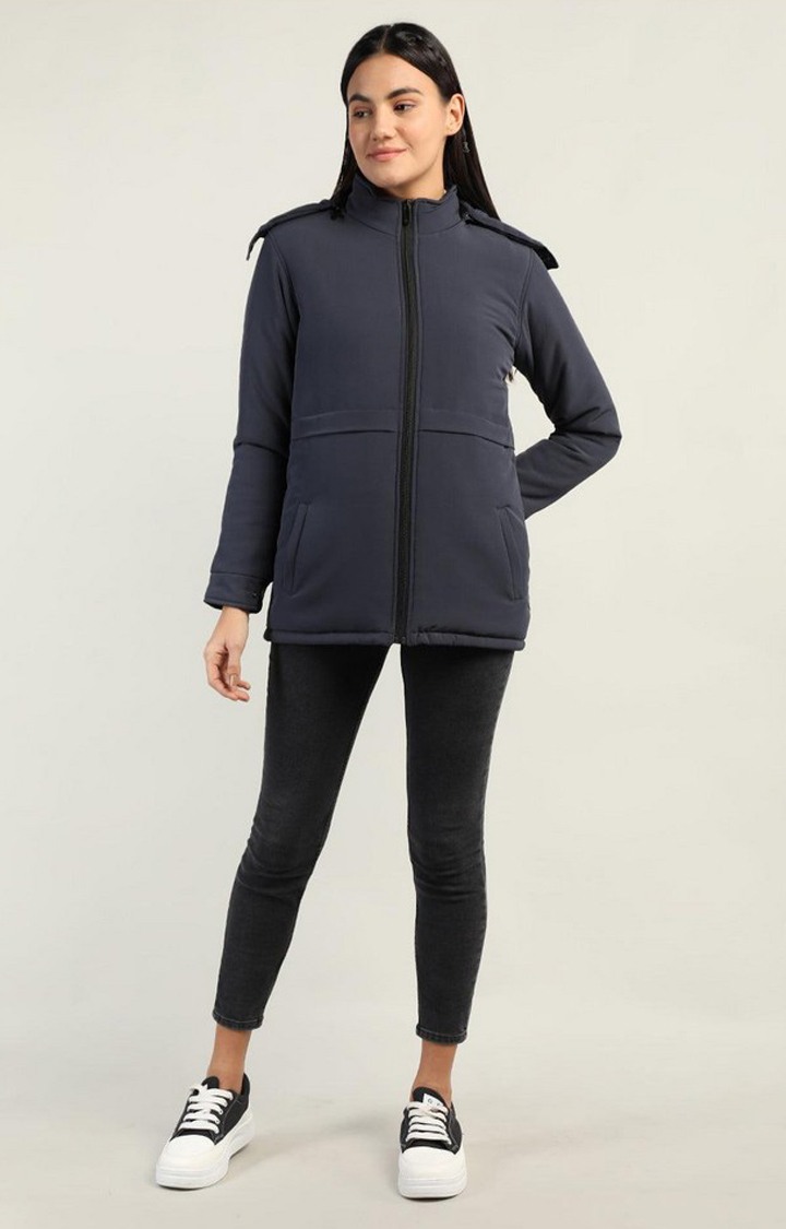 Women's Navy Blue Solid Polyester Bomber Jackets