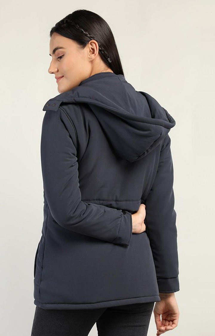 Women's Navy Blue Solid Polyester Bomber Jackets