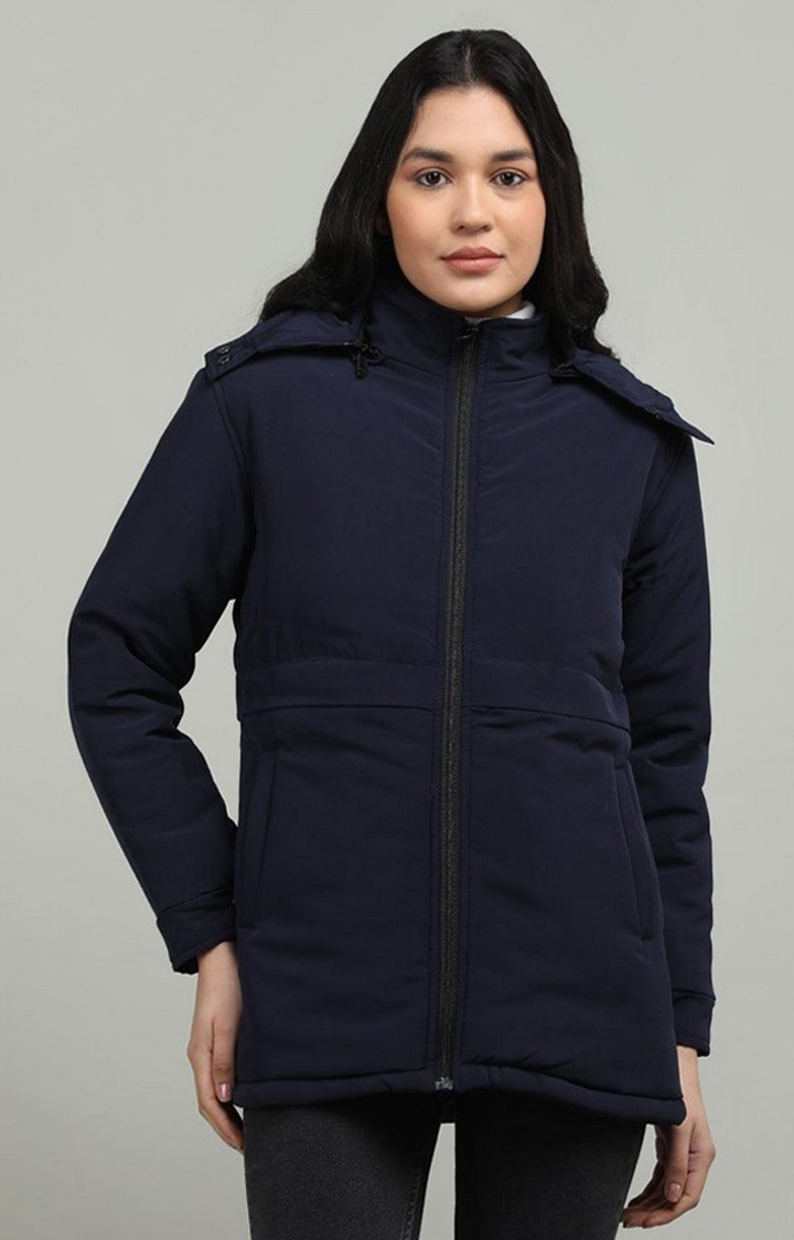 Women's Navy Blue Solid Polyester Bomber Jackets