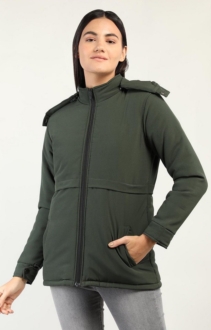 CHKOKKO | Women's Olive Green Solid Polyester Bomber Jackets