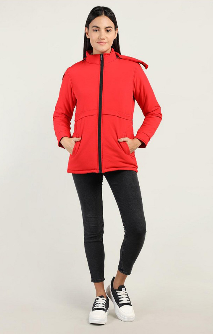 Women's Red Solid Polyester Bomber Jackets