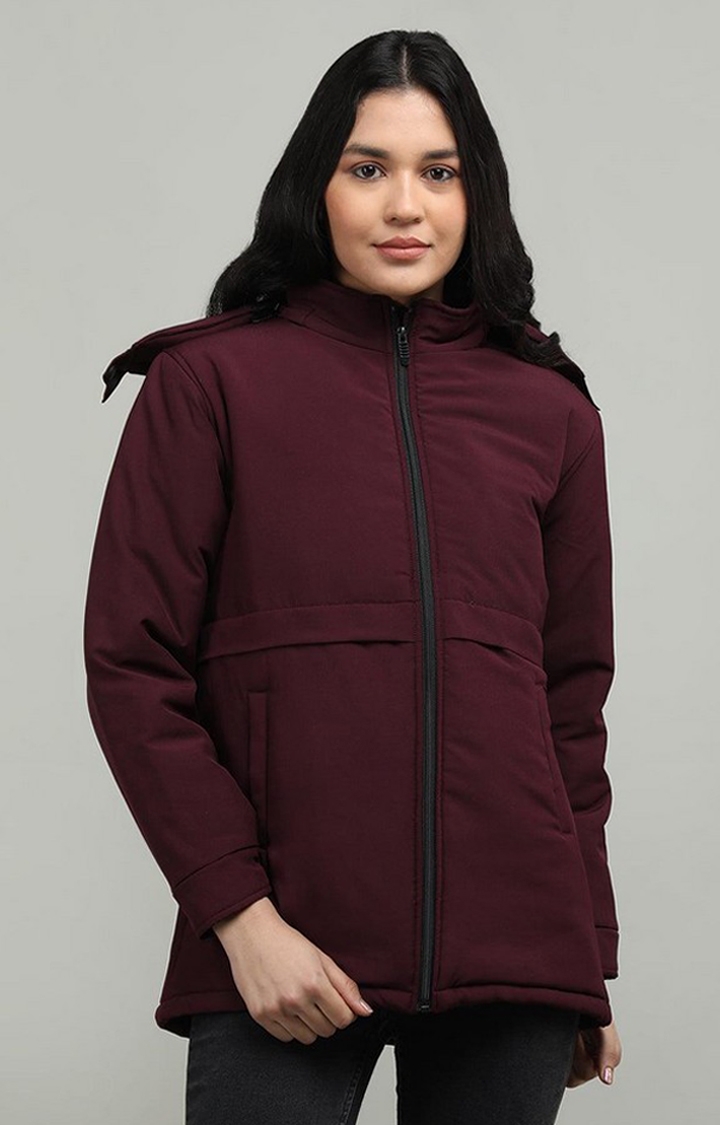 Women's Maroon  Solid Polyester Bomber Jackets
