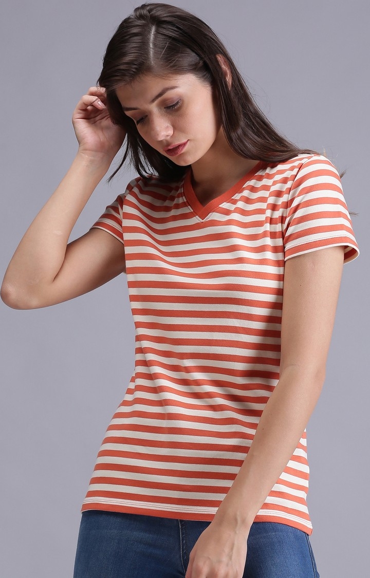 UrGear | UrGear Striped Women V-Neck Orange and White T-Shirt 0