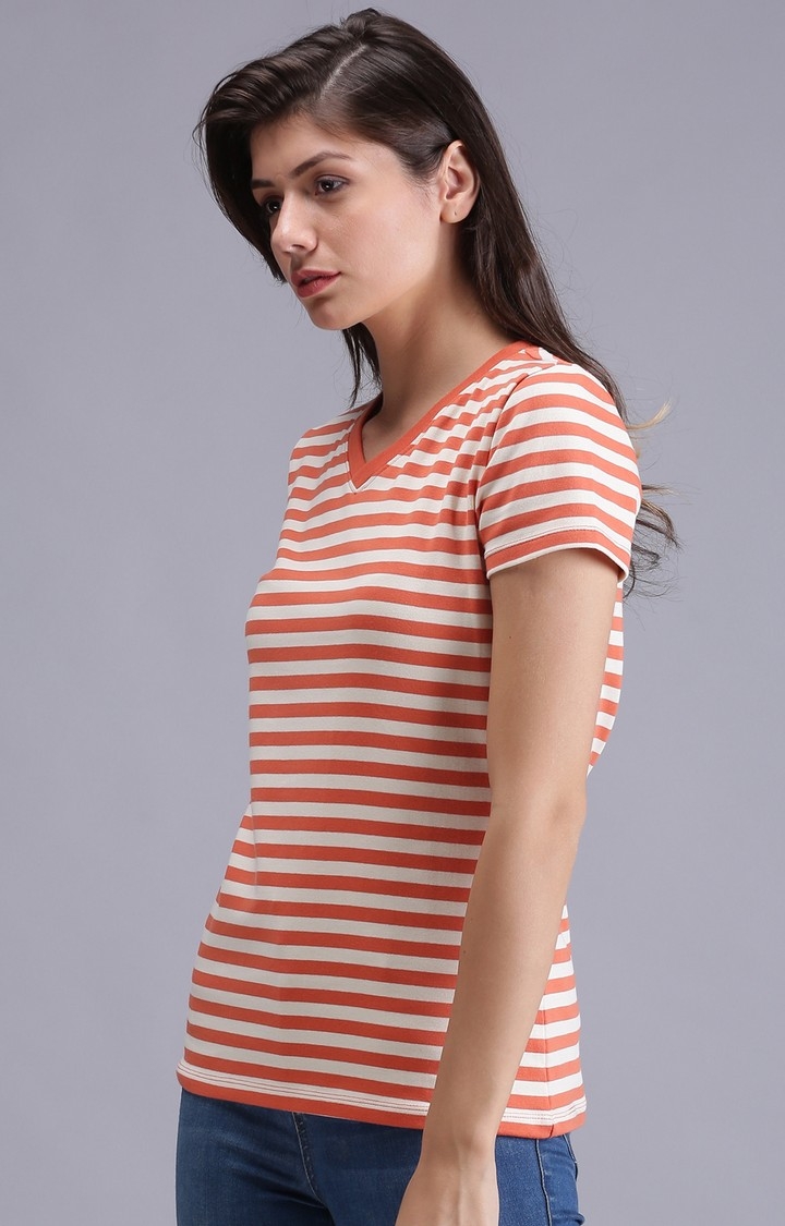 UrGear | UrGear Striped Women V-Neck Orange and White T-Shirt 2