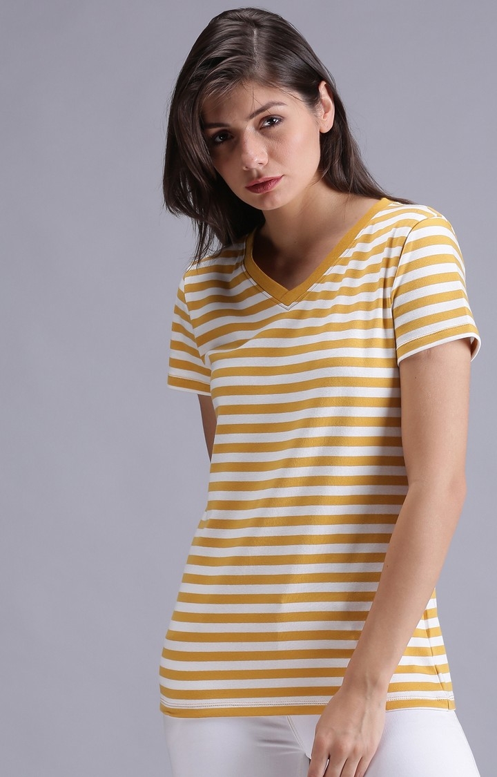 UrGear | UrGear Striped Women V-Neck Yellow and White T-Shirt 0