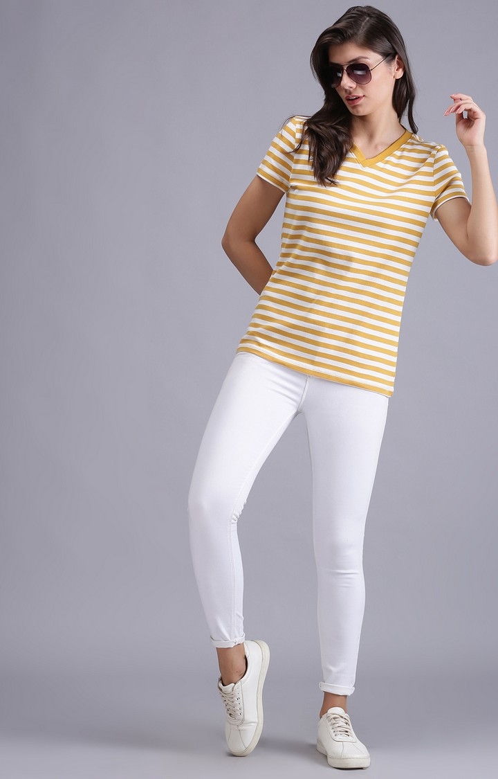 UrGear | UrGear Striped Women V-Neck Yellow and White T-Shirt 1