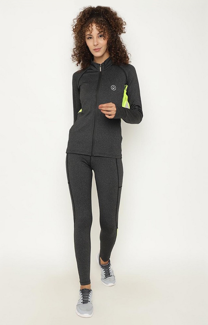 Women's Grey and Neon Melange Textured Polyester Tracksuit