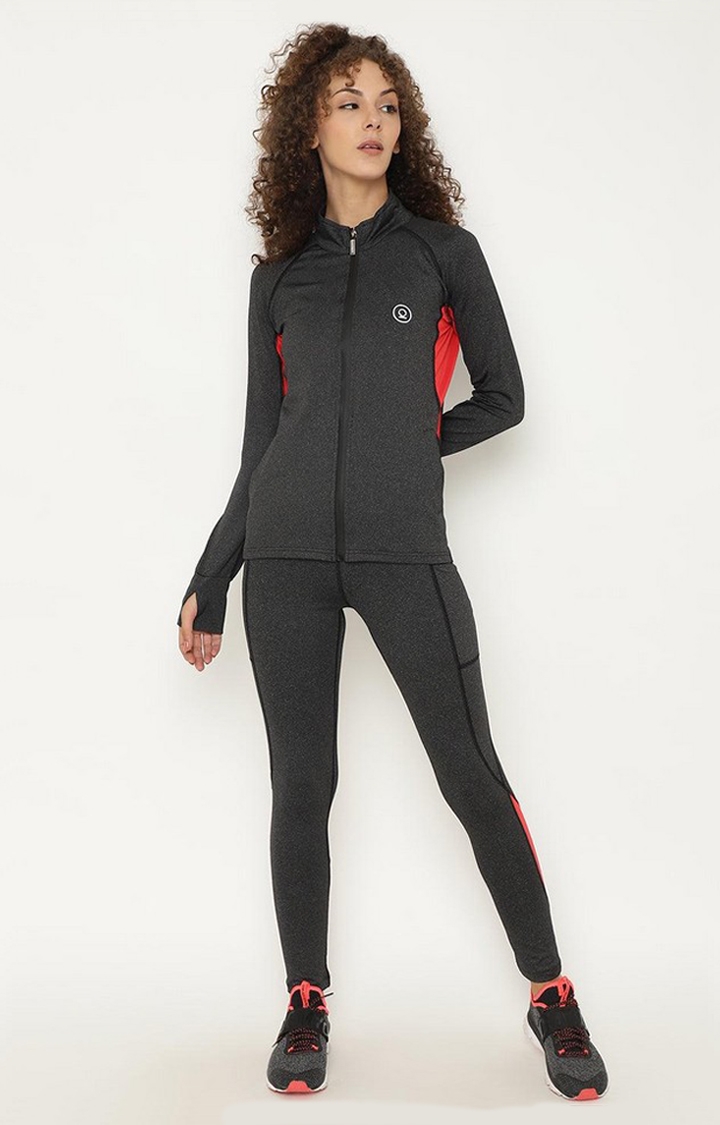Women's Grey and Red Melange Textured Polyester Tracksuit