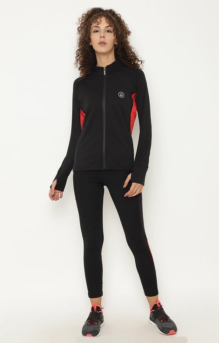Women's Black and Red Solid Polyester Tracksuit