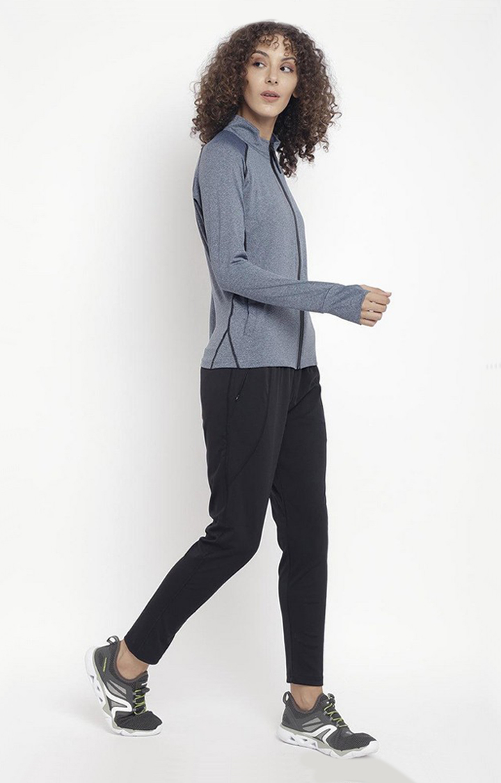 Women's Blue and Black Melange Textured Polyester Tracksuit