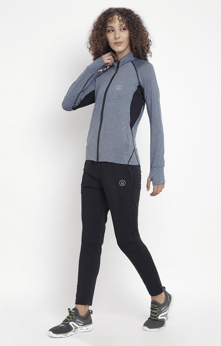 Women's Blue and Black Melange Textured Polyester Tracksuit
