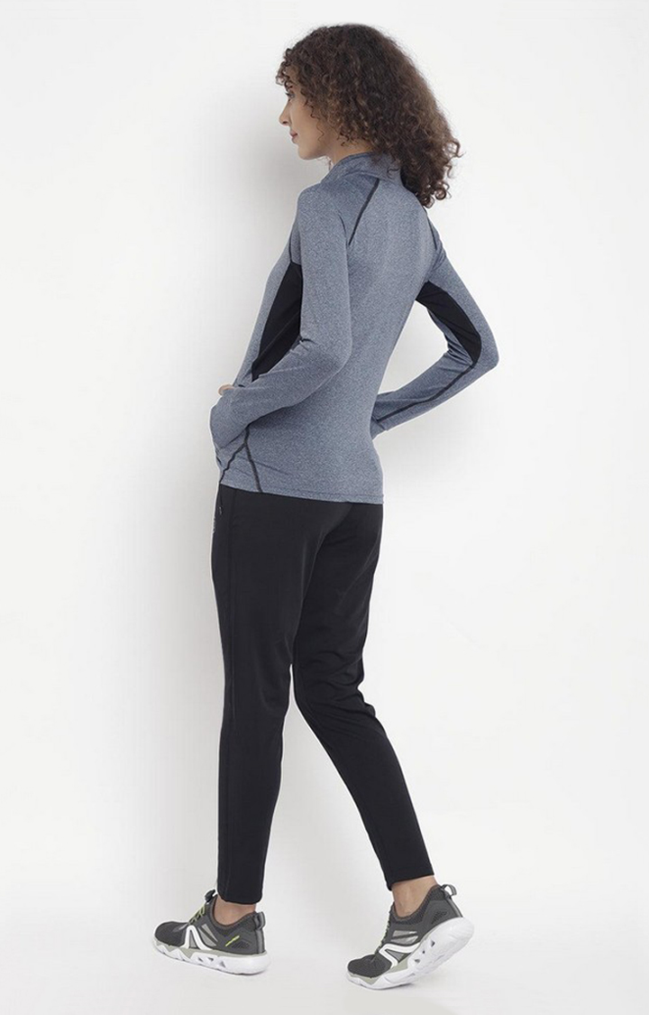 Women's Blue and Black Melange Textured Polyester Tracksuit