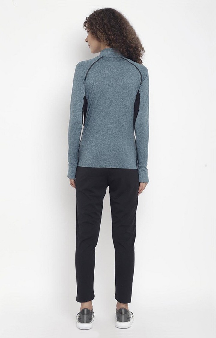 Women's Blue and Black Melange Textured Polyester Tracksuit