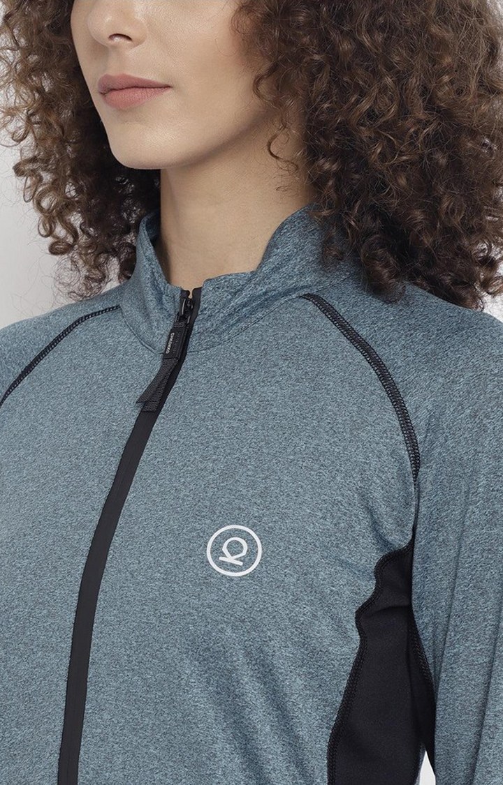 Women's Blue and Black Melange Textured Polyester Tracksuit