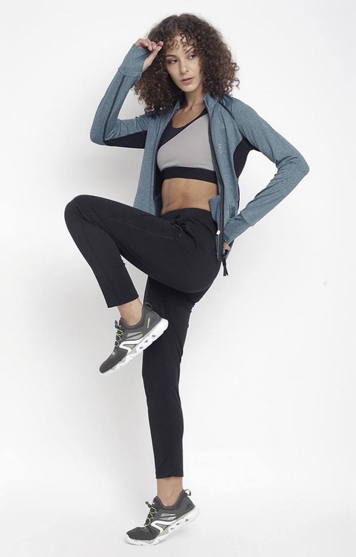 Women's Blue and Black Melange Textured Polyester Tracksuit
