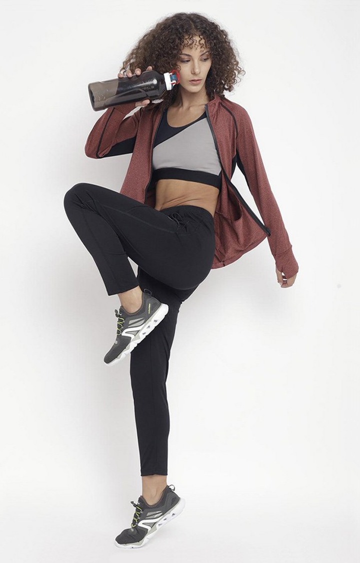 Women's Rust and Black Melange Textured Polyester Tracksuit