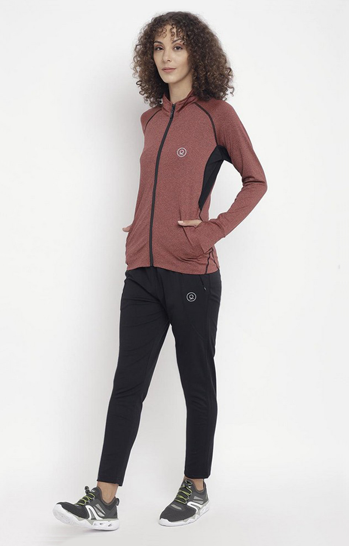 Women's Rust and Black Melange Textured Polyester Tracksuit